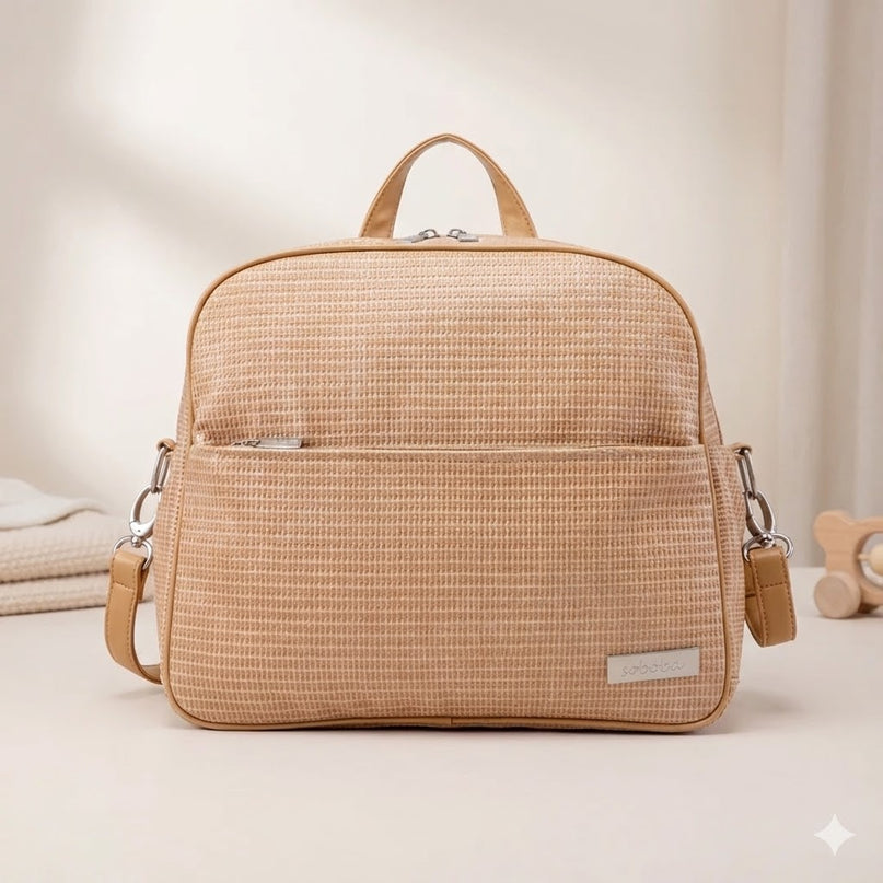 Sac Maternite à Dos Imperméable Texturé Beige